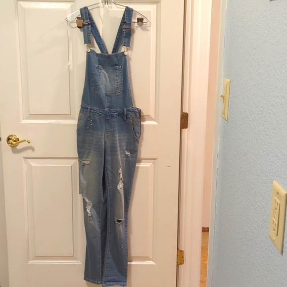 Wallflower Distressed Denim Bib Slim Overalls Medium Wash Size Small - Picture 1 of 10
